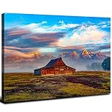 Mountain Barn Landscape Canvas Wall Art Sunset Grand Teton National Park Print Picture Artwork Bedroom Wall Decor, Rustic Nature Scenery Painting for Living Room Kitchen Office Home Decoration 12x16'