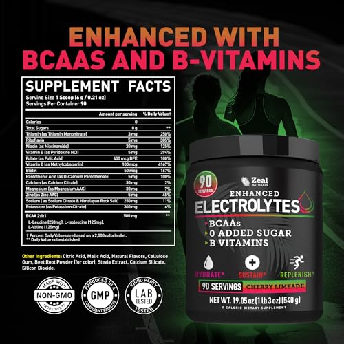 Image of Zeal Electrolyte Powder - 90 Servings | Keto Electrolytes Powder | Zero Sugar, BCAAs, B-Vitamins | Potassium, Zinc, Magnesium | Hydration Powder Recovery Drink | Cherry Limeade