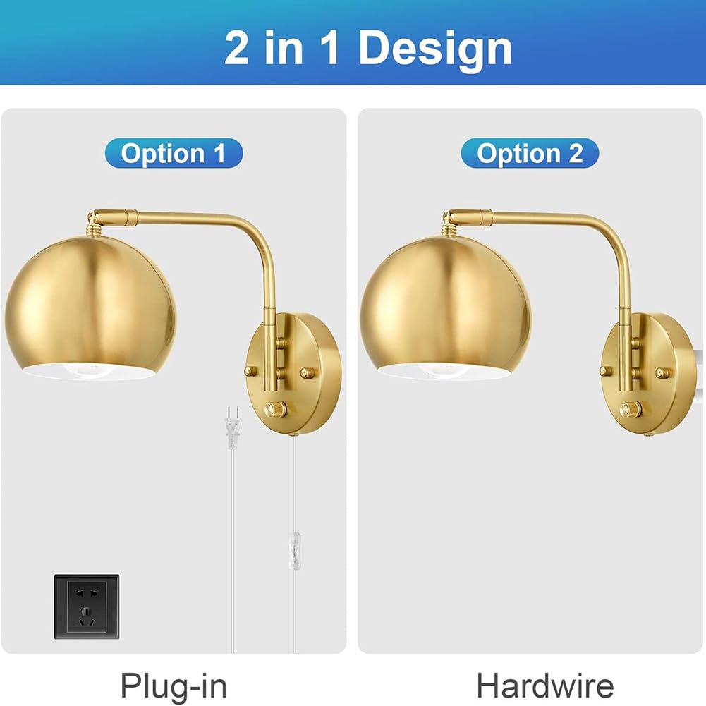 Gold Wandlampe Dimmbar mit Schalter Innen Wandleuchte mit Schalter und Stecker Drehbar Wandbeleuchtung Retro Industrial Verstellbare Wand Leselampe für Wohnzimmer, Schlafzimmer, Büro,1 stück