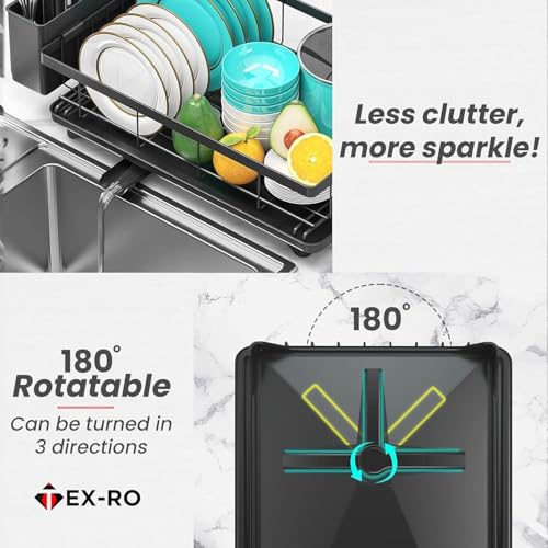 Image of Dish Drying Rack for Kitchen Countertop | Stainless Steel Bartan Drying Stand with Drain Tray & Utensil Holder | Black Metal Dish Organizer, 64x47x23