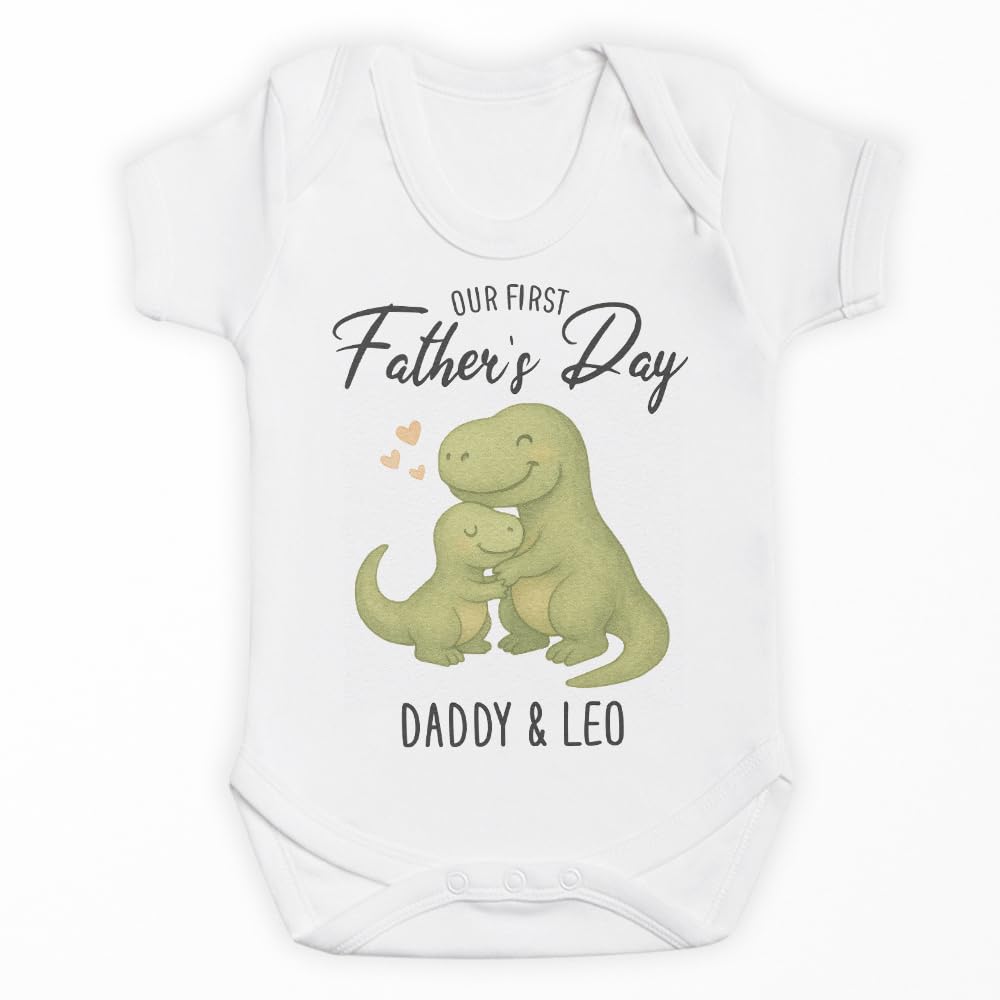The Gift Project White Personalised Our First Father's Day - Baby Bodysuit - Dinosaurs