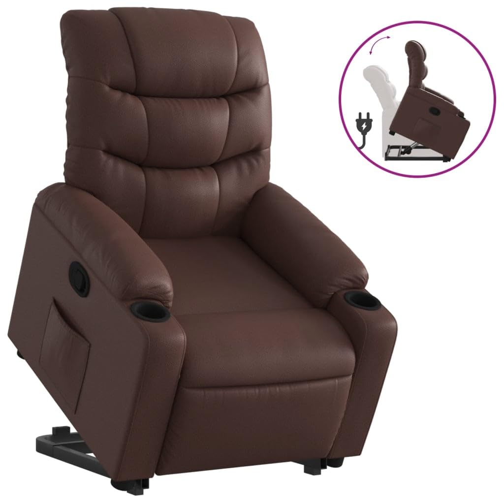 Sillón elevador reclinable marrón de piel sintética con función de elevación eléctrica y reclinación manual hasta 135 grados, cómodo y estable para personas mayores, marco