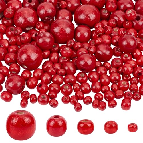 PH Pandahall 1005Pcs 5 Sizes Red Wooden Beads Tiny Painted Wood Beads 6/8/10/14/20mm Macrame Round Spacer Bead for Bracelets Crafts Macrame Christmas Tree Party Decor