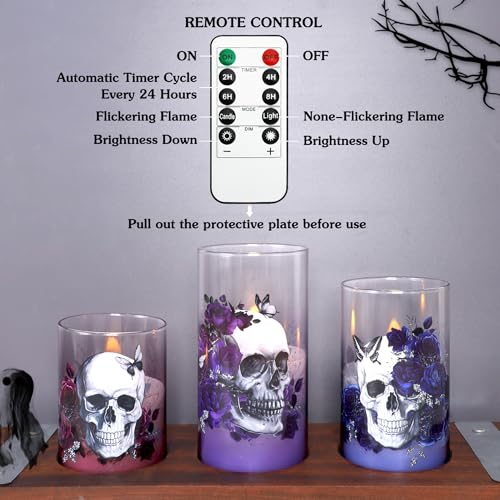 Image of Halloween Glass Flameless Candles Romantic Gothic Skull Floral Battery Operated Remote Timer Flickering LED Pillar Candle for Wedding Party Goth Bathroom Decor