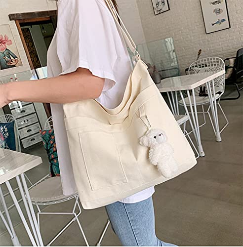 Image of Cotton Tote Handbag Women Canvas Crossbody Beach Bag Hobo Shoulder Tote Bag with 3 External Pocket,Zipper Closure