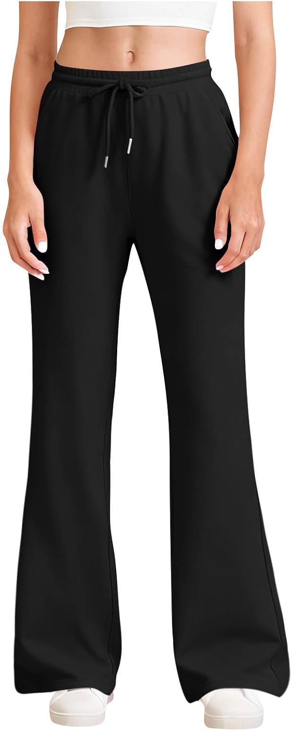 Women's Drawstring Waist Pants Bell Bottom Flare Leg Sweatpants Solid Color Fleece Sports Causal Pants with Pockets