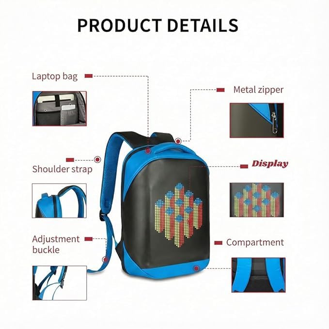 Image of Smart LED Backpack with App Control Digital Display, Programmable Pixel Screen Laptop Backpack for Men Women, Water Resistant Anti Theft USB School College Travel Gaming Bag Fits 15.6 Inch Laptop