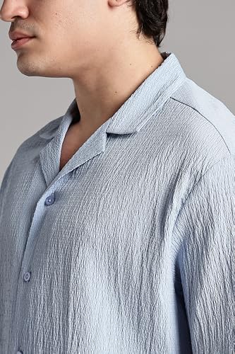 Image of FYLTR Men's Solid Textured Relaxed Fit Shirt - Half Sleeves | Cuban Collar | Comfortable Fit | Summer Shirts