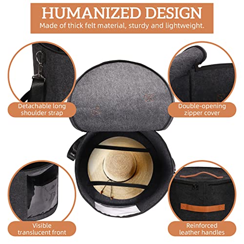 Pehciroe Large Hat Boxes With Lids, Foldable Felt Round Hat Storage Box Large Hat Box Travel With Handles And Shoulder Strap For Carrying & Storing Various Types Of Hats, 17.7 X 11.8 Inch, Dark Gray #TOP3