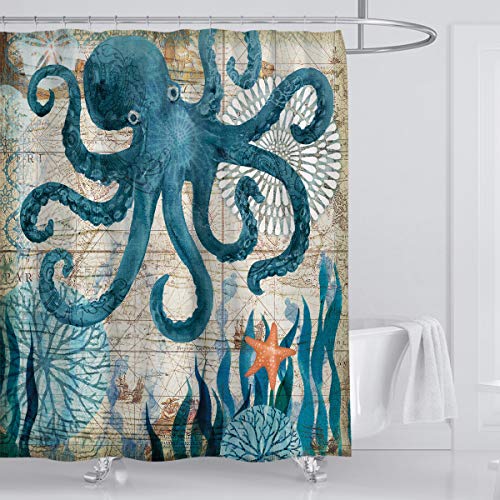 Muuyi Octopus Shower Curtain Kraken Shower Curtain - Funny Shower Curtains For Bathroom - Octopus With Ship Sail Old Boat In Ocean Waves, Cloth Fabric Bathroom Decor Set With Hooks, 72 X 72 Inches #TOP4