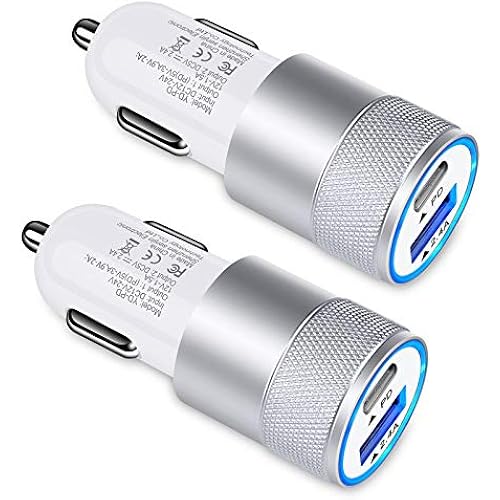 30W USB C Car Charger, [2Pack]3.0 Fast Charge Dual Port USB Type C and 2.4a USB A Cargador Carro Lighter Adapter for iPhone, Tablet, iPad, Samsung Galaxy, LG, Google Pixel GPS, Z Play Droid, Motorola