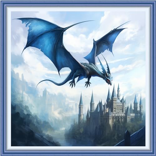 Image of Findvoor Stamped Cross Stitch Kits for Beginners Full Range of Cross Stitching Embroidery Pattern for Adults, 11CT DIY Needlepoint Embroidery Starter Kits-Blue Winged Dragon 17.7x17.7 inch