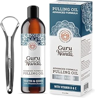 GuruNanda Advanced Formula Oil Pulling with Tongue Scraper Natural Coconut Oil Mouthwash with Essential Oils & Vitamins D, E Ayurvedic Formula Helps Bad Breath Healthy Gums & Teeth 236ml (Pack of 1)