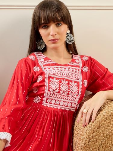 Image of INDO ERA Women's Red Viscose Rayon Embroidered Midi A-Line Ethnic Dress (SHTUR7147)