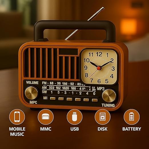 Image of FM Radio with Bluetooth Speaker with Powerful Sound | Vintage Style | Antenna 6w-12 Hours and Clock Design | USB Charging | AUX, SD Card, USB Input | Vintage-S669