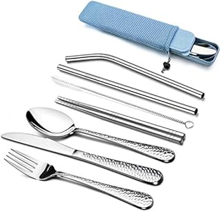 9 Piece Individual Portable Hammered Cutlery Sets, HaWare Stainless Steel Camping Travel Cutlery Set for 1 with Knife, Fork, Spoon, Chopsticks, Cleaning Brush, Straws, Portable Case & Bag Blue)