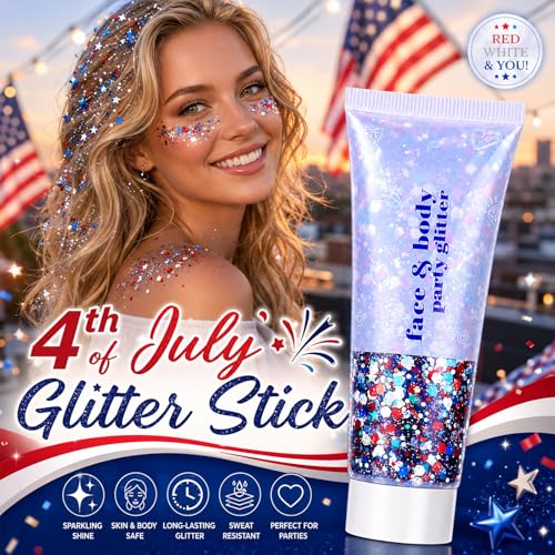 4th of July Glitter Stick, Red White & Blue Glitter Stick for Hair&Face, Waterproof & Easy Clean, Patriotic Independence Day 250th Anniversary Fourth of July Outfits Accessories for Women & Kids — view 2