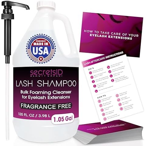 SecretsID Lash Shampoo Bulk for Professional Lash Extension | 1 Gallon with 50 Lash Aftercare Cards | Eyelid Foaming Cleanser | Salon Lash Cleanser and Makeup Remover (Fragrance-Free) Cover