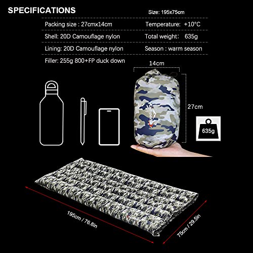 Sleeping Bag 800+ Fill Power Duck Down Bolsa de dormir para camping, mochila, senderismo y viajes con cubierta de nylon 20D, cómoda y amigable con la piel, 195 cm x 75 cm miniatura 5