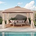11x13ft Gazebo for Patio, Gazebo with Curtains & Sandbags, Double Tier Roof Round Leg Marquee Canopy for Garden, Deck, Backyard, Lawn (Khaki)