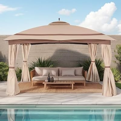 11x13ft Gazebo for Patio, Gazebo with Curtains & Sandbags, Double Tier Roof Round Leg Marquee Canopy for Garden, Deck, Backyard, Lawn (Khaki)