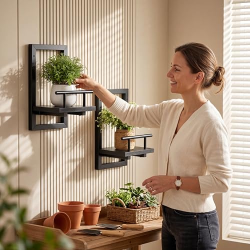 Image of Sbosbo Floating Shelves for Wall, Plant Shelf Indoor, Wall Planters for Indoor Floating Plant Shelves for Bedroom, Living Room, Kitchen, Office, Bathroom Decor (Black, 2 Pack)