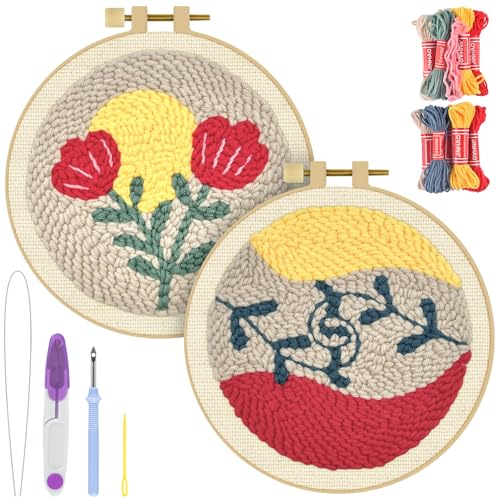 Image of ERKOON Punch Needle Kit Adults Beginners, 2 Pcs DIY Easy Floral Embroidery Set for Starter Art Craft, Needling Punching Project with Patterns, Tools, Yarns, Hoop, Instruction (Rose)