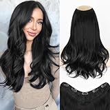 ALXNAN Long Wavy Layered Hair Extensions for Women, Clip in Hair Extensions Clip Ins Soft Full Head Synthetic Hairpieces 16 Inch Black