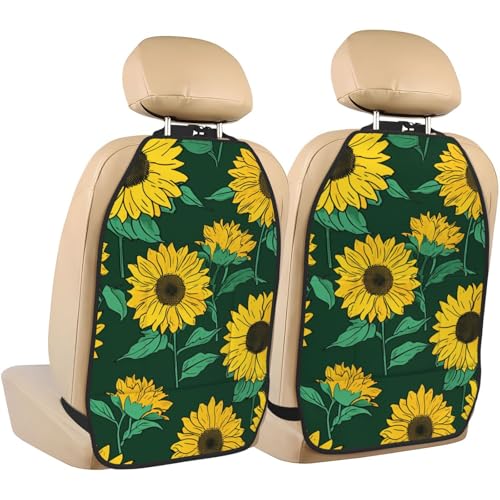 Yellow Sunflowers On Green Car Seat Back Kick Protectors,2 Pack Kick Mats With Storage Pockets For Vehicles To Protect From Dirt Mud Scratches