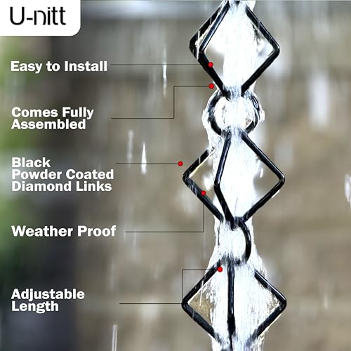 U-nitt Rain Chain Water Collection for Gutters Rainwater Catcher & Diverter, 8.5 FT Chains for Outside Garden, Black Diamond Link, Roof Downspout, Works with Heavy Rain, w/Gutter Clip for Rainchains - Thumbnail 4