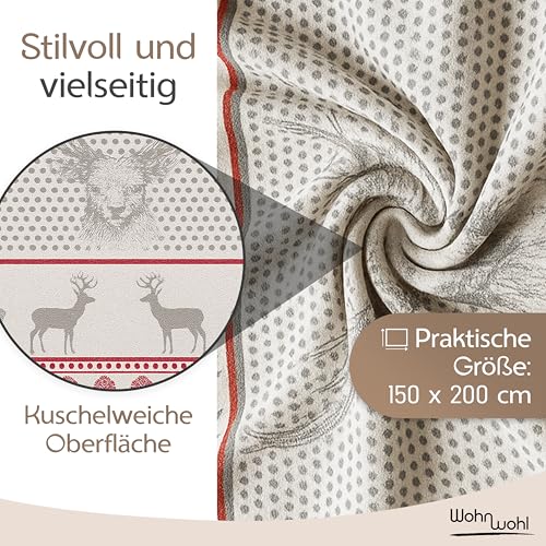 WOHNWOHL® Kuscheldecke (150x200cm) • Weiche Tagesdecke • Sofadecke • Wohndecke • Schlafdecke • Oeko-Tex zertifizierte Baumwolldecke • Samtig weiche Decke • Decke mit Hirschen