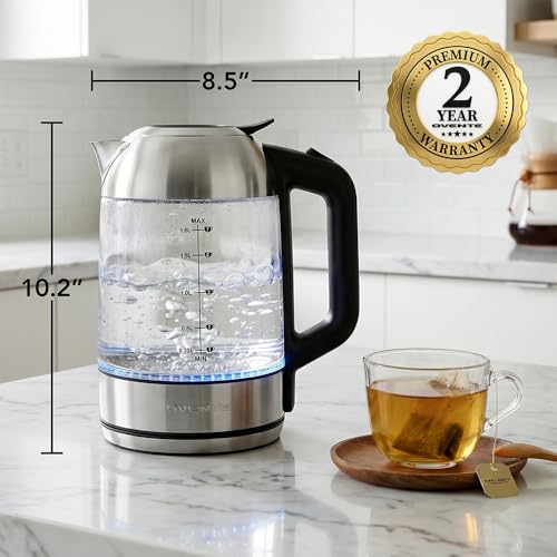 Image of OVENTE 1.8L Glass Electric Kettle Water Boiler, Silver KG751S | 1500W Fast Boiling, Easy Fill Lid, Borosilicate Glass, BPA-Free, Blue LED, Auto Shut-Off, Boil-Dry Protection, Cordless