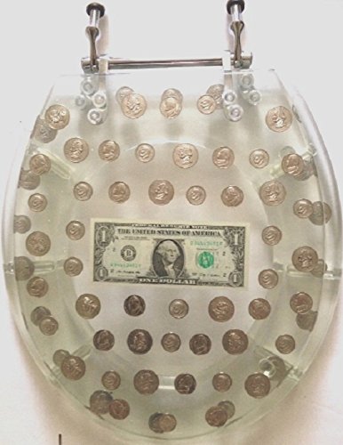 Heavy-duty Comfort toilet round seat with fake coins,1 dollar bill | Acrylic Cover (Dollar (Round) 17 Inch)