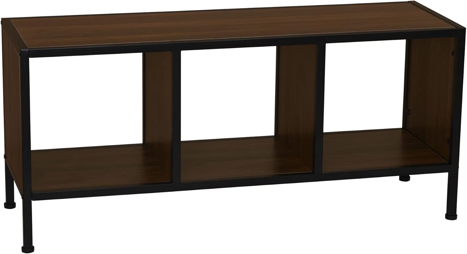 Household Essentials Jamestown TV Stand Coffee Table with Square Cube Storage Compartments Mid Century Walnut Wood Grain and Black Metal Brown