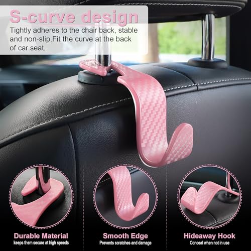 Image of LivTee Car Purse Hook, Headrest Hook for Car, 4 Pack Universal Auto Car Seat Headrest Hook Hangers Organizer for Purse Coat Umbrellas Grocery Bags Handbag, Car Accessories - Carbon Fiber Pink