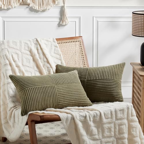 Image of Fancy Homi 2 Packs Olive Green Long Lumbar Decorative Throw Pillow Covers 12x24 Inch for Couch Bed Sofa, Rustic Farmhouse Boho Home Decor, Soft Striped Corduroy Rectangle Accent Cushion Case 30x60 cm