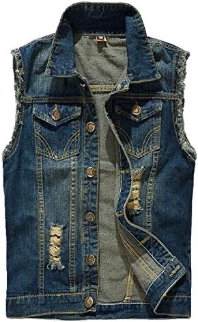 Pishon Men's Sleeveless Denim Vest Casual Slim Fit Ripped Classic Button Down Jean Jacket,Light Dark Blue,Medium