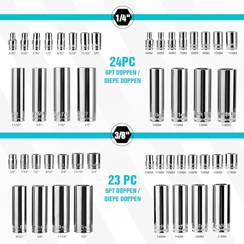 DURATECH 121-delige gereedschapsset voor monteurs, inclusief SAE/metrische dopsleutelset, ratel met 72 tanden, 40-in-1 magnetische schroevendraaier en inbussleutels met draagbare gereedschapskist voor - Afbeelding 6