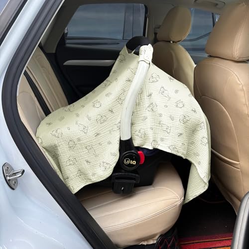 Image of 100% Muslin Cotton Car Seat Cover Baby, Carseat Canopy Cover, Universal Fit Stroller Covers for Boys and Girls (Cute Elephant)