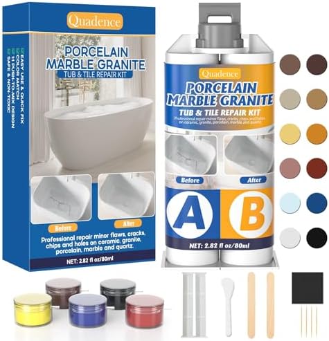 Tile Repair Kit, Quadence Bathtub Repair Kit Porcelain Repair kit Quartz Countertop Repair Kit for Enamel Fiberglass Ceramic Tile Grout Fix Chips Cracks Scratches, Adhesive & Sealer, Color Match