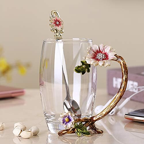 Enamel Sunflower Crystal Lead-Free Glass Tea Cup with Spoon Set, ...