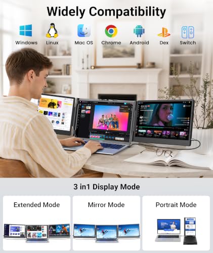 Image of 14.2 inch Laptop Screen Extender, 1080P FHD Triple Portable Monitor for Laptop | For 13-17.3 inch Laptop, Built-in Auto Width Adjustment Button, Plug & Play, Travel Monitor Extender Works with Wins /MacOS /Chrome