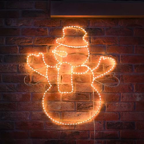 Image of Festive Lights - 80cm Acrylic Christmas Waving Snowman Silhouette Figure - 320 Warm White Dewdrop LEDs, Flashing Effect, Mains Powered, Indoor Outdoor Use, Wall Mounted, 5m Clear Cable, IP44 Rated