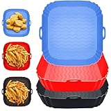 3 Pack Square Air Fryer Liners,7 Inch Silicone Airfryer Liners, Air Fryer Liners for 3 to 6 QT Oven Microwave Accessories,Reusable Baking Tray Oven Accessories(Black&Red&Blue)