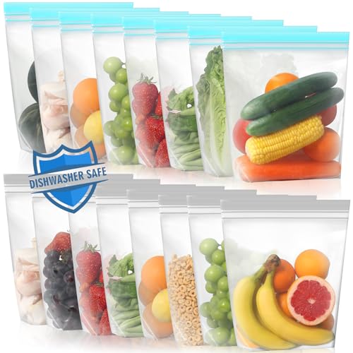 Lerine 16 Pack Stand Up Reusable Gallon Freezer Bags, Dishwasher Safe