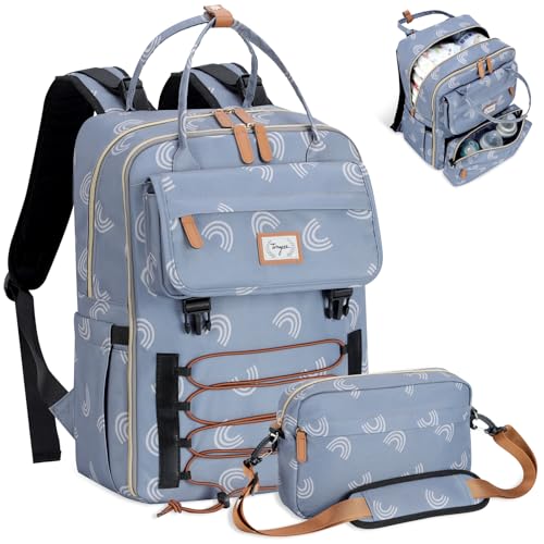 Tonyeee Baby Diaper Bag Backpack, Large Diaper Bag with Removable Cross Body Bag & 2 Compartments, Baby Bag for Boys & Girls, Travel Diaper Bags, Grey Rainbow