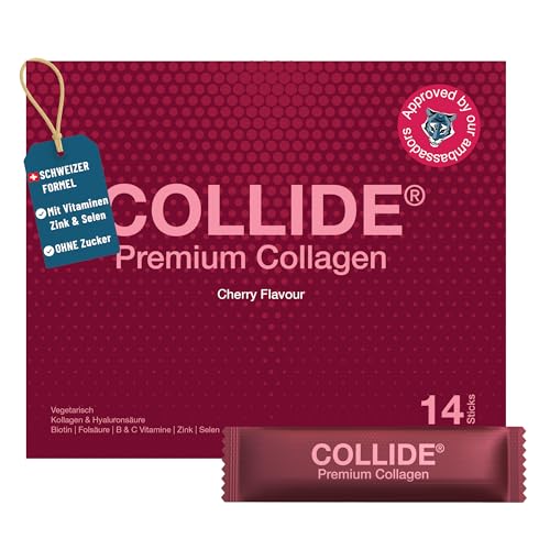 COLLIDE Kollagen-Hyaluronsäure Pulver Kirschgeschmack - 14 Portionen Collagen - Zuckerfrei & Vegetarisch - Schweizer Formel - Mit Vitamin C, Biotin, Zink & Folsäure