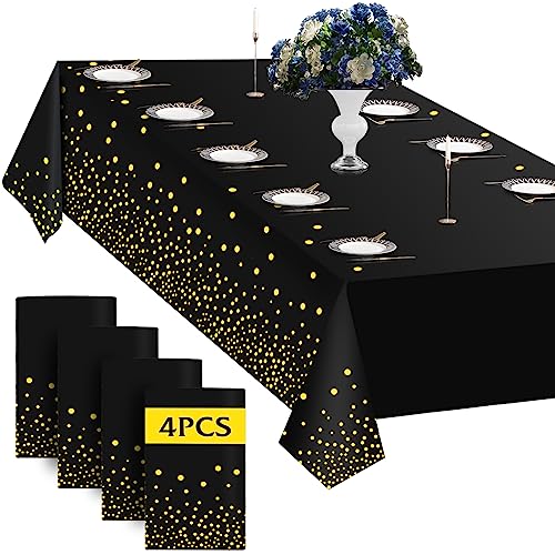 4 Pack Plastic Table Cloth Cover for Parties Disposable, Black and Gold Tablecloth for 8 Foot Rectangle Tables, Birthday Wedding Graduation Father Valentine's Day Easter Party Supplies Decorations