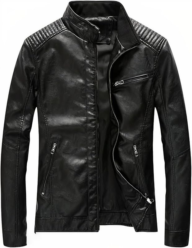Image of Leather Retail Men Black Faux Leather Biker Jacket with Zipper Pockets
