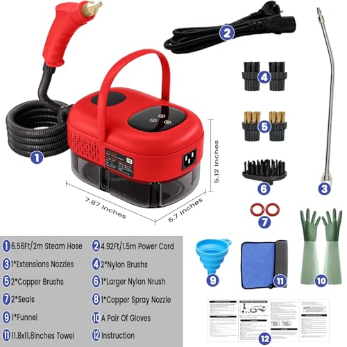 Image of Steam Cleaner, Portable Pressurized Steamer for Cleaning with 14pcs Accessories, 6-Level Adjustable and 15s Heat-Up, Handheld Steam Cleaner for Home, Tile, Dirt, Grout, Grease, Car Detailing (5-Red)